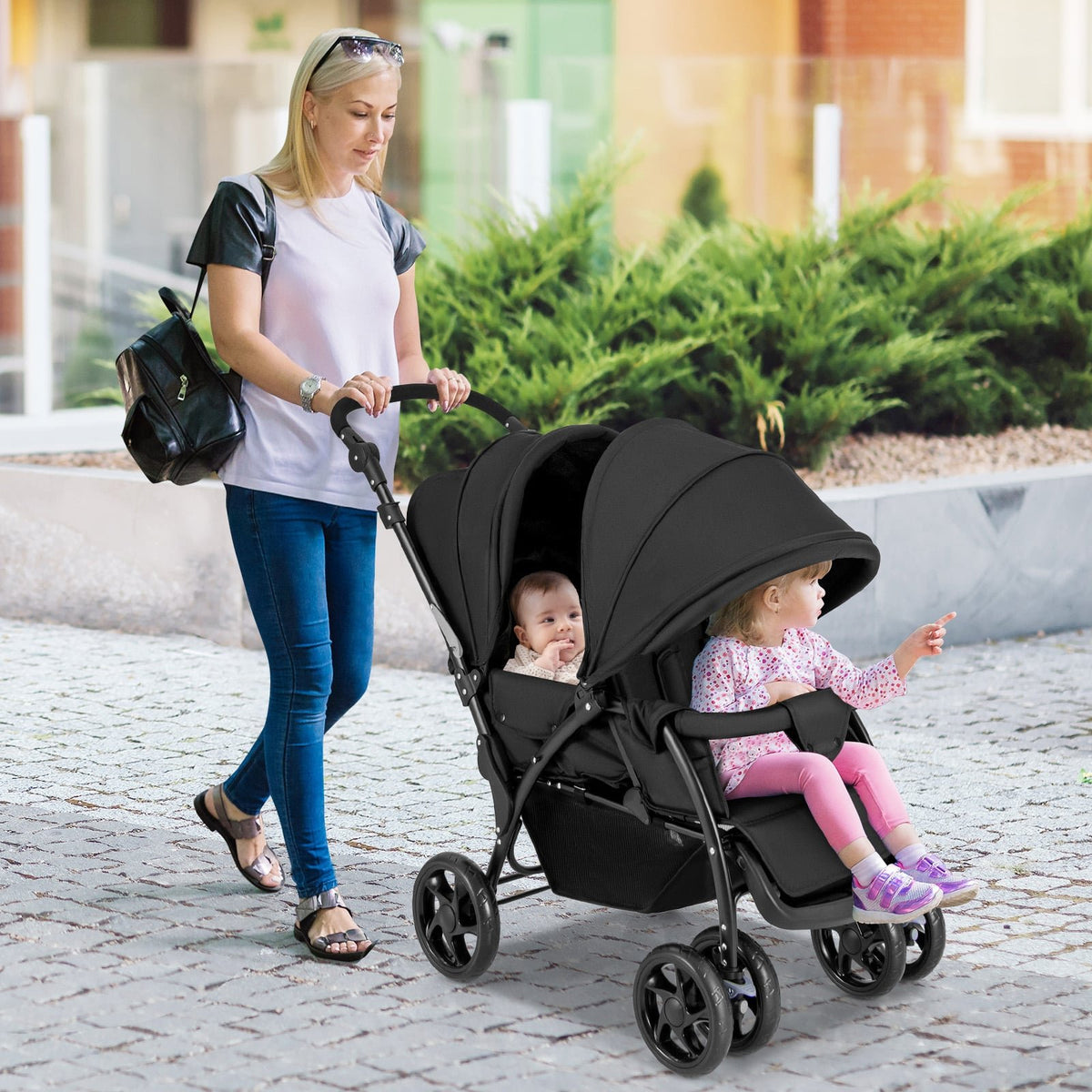 Foldable Lightweight Front Back Seats Double Baby Stroller-Black view 2