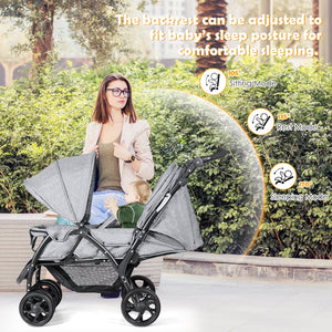 Foldable Lightweight Front Back Seats Double Baby Stroller-Gray view 7