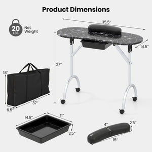 Foldable Portable Manicure Table with Drawer Casters and Cushion-Black view 4