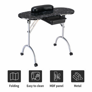Foldable Portable Manicure Table with Drawer Casters and Cushion-Black view 6