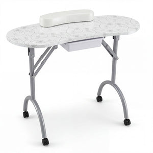 Foldable Portable Manicure Table with Drawer Casters and Cushion-White