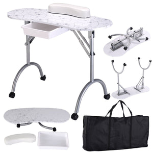 Foldable Portable Manicure Table with Drawer Casters and Cushion-White view 2