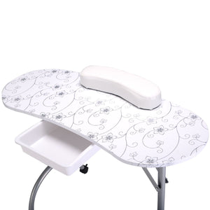 Foldable Portable Manicure Table with Drawer Casters and Cushion-White view 4