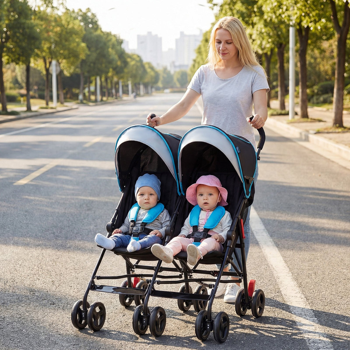Foldable Twin Baby Double Stroller Ultralight Umbrella Kids Stroller-Navy view 2