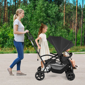 Foldable Twin Tandem Stroller Sit and Stand Double Stroller with Adjustable Handle Bar-Black view 2