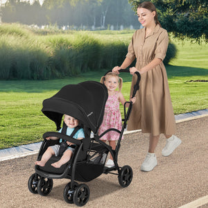 Foldable Twin Tandem Stroller Sit and Stand Double Stroller with Adjustable Handle Bar-Black view 3