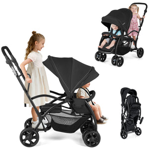 Foldable Twin Tandem Stroller Sit and Stand Double Stroller with Adjustable Handle Bar-Black view 4