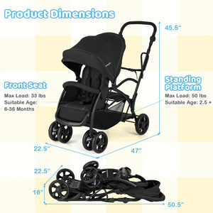 Foldable Twin Tandem Stroller Sit and Stand Double Stroller with Adjustable Handle Bar-Black view 5