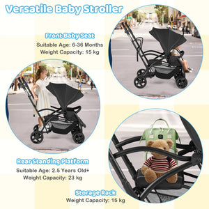 Foldable Twin Tandem Stroller Sit and Stand Double Stroller with Adjustable Handle Bar-Black view 6