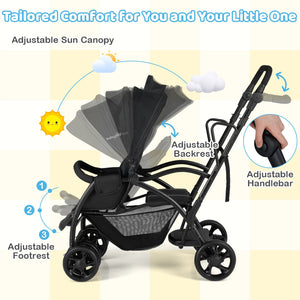 Foldable Twin Tandem Stroller Sit and Stand Double Stroller with Adjustable Handle Bar-Black view 7