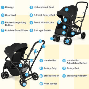 Foldable Twin Tandem Stroller Sit and Stand Double Stroller with Adjustable Handle Bar-Black view 8