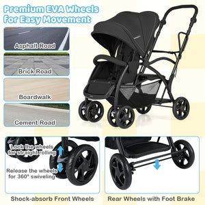 Foldable Twin Tandem Stroller Sit and Stand Double Stroller with Adjustable Handle Bar-Black view 9