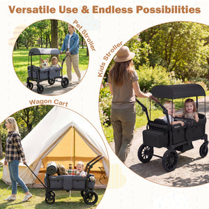 Foldable Wagon Stroller for 2 Kids Double Seater Toddler Stroller with Removable Canopy-Gray view 9