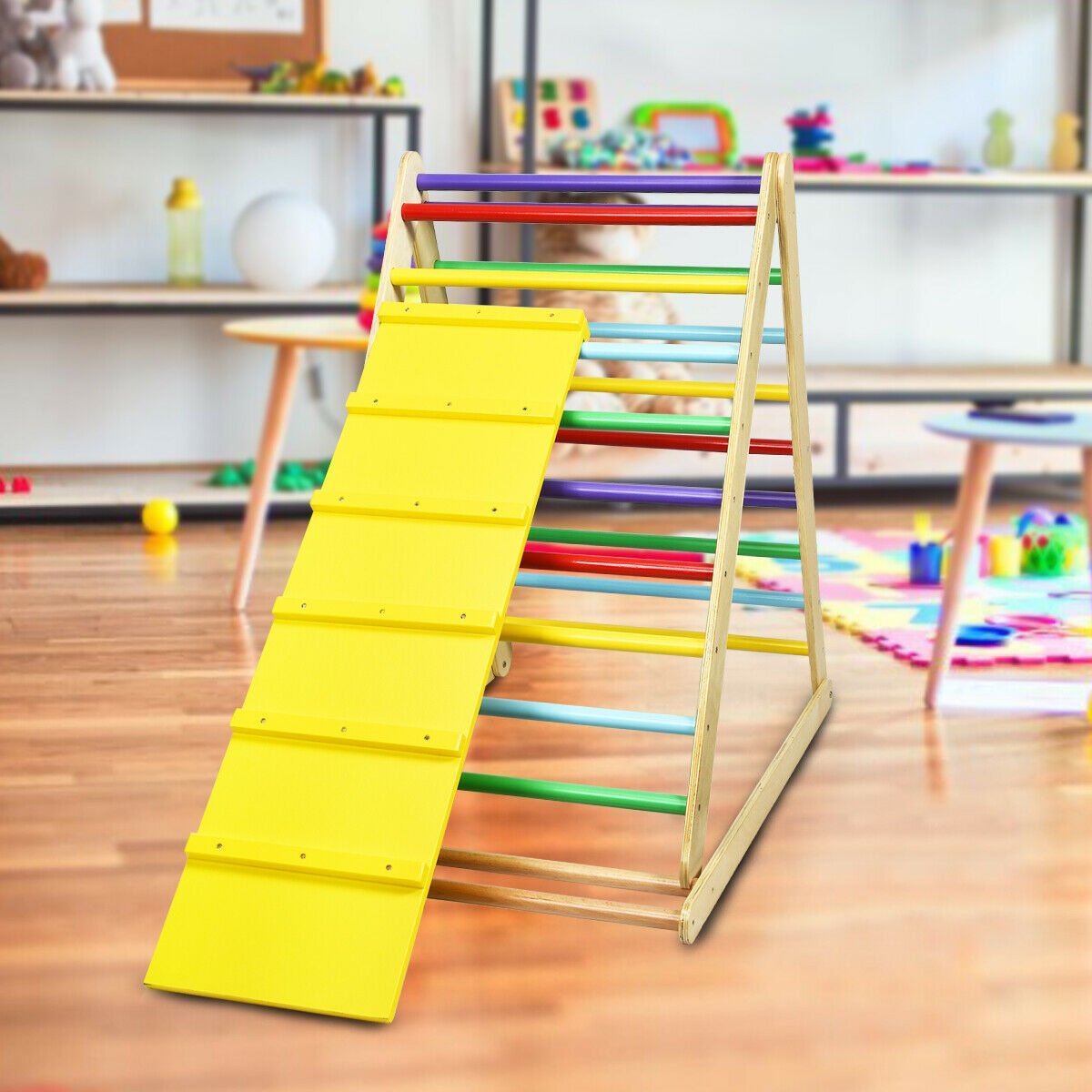 Foldable Wooden Climbing Triangle Indoor with Ladder for Toddler Baby-Multicolor view 2