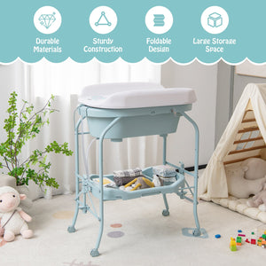 Folding Baby Changing Table with Bathtub and 4 Universal Wheels-Blue view 6