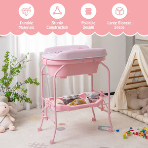Folding Baby Changing Table with Bathtub and 4 Universal Wheels-Pink view 6