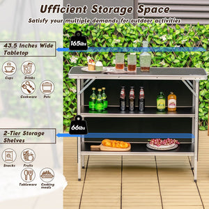 Folding Camping Table with 2-Tier Open Shelves for Outdoor BBQ-Black view 6