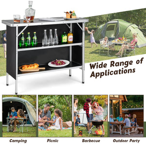 Folding Camping Table with 2-Tier Open Shelves for Outdoor BBQ-Black view 9