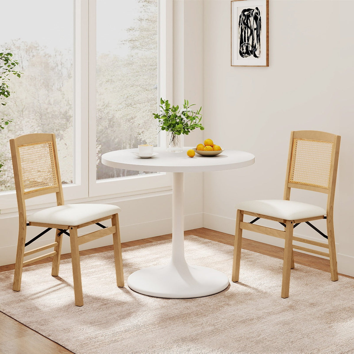 Folding Dining Chairs Set of 2 Rubber Wood Chairs with Linen Padded Seat-Natural view 2