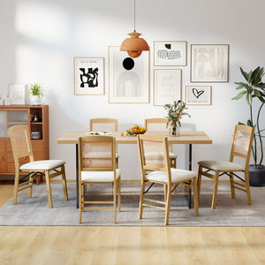 Folding Dining Chairs Set of 2 Rubber Wood Chairs with Linen Padded Seat-Natural view 6