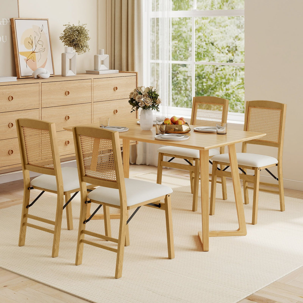 Folding Dining Chairs Set of 4 Rubber Wood Chairs with Linen Padded Seat-Natural view 2