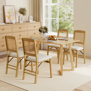 Folding Dining Chairs Set of 4 Rubber Wood Chairs with Linen Padded Seat-Natural view 2
