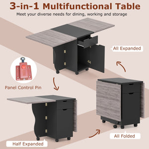 Folding Dining Table 3-in-1 Space-Saving Drop Leaf Kitchen Table with Lockable Wheels-Black view 8