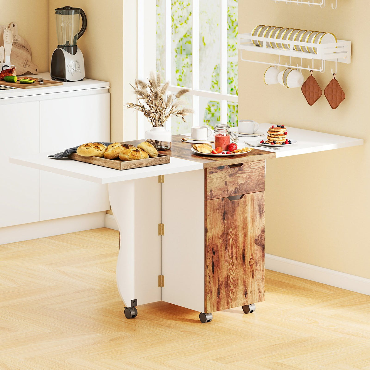 Folding Dining Table 3-in-1 Space-Saving Drop Leaf Kitchen Table with Lockable Wheels-Brown view 2