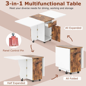 Folding Dining Table 3-in-1 Space-Saving Drop Leaf Kitchen Table with Lockable Wheels-Brown view 7