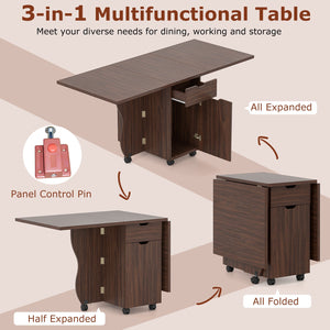 Folding Dining Table 3-in-1 Space-Saving Drop Leaf Kitchen Table with Lockable Wheels-Walnut view 7
