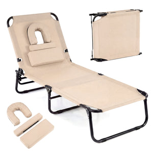 Folding Face Down Tanning Chair with Face Hole 3 Removable Pillows-Beige