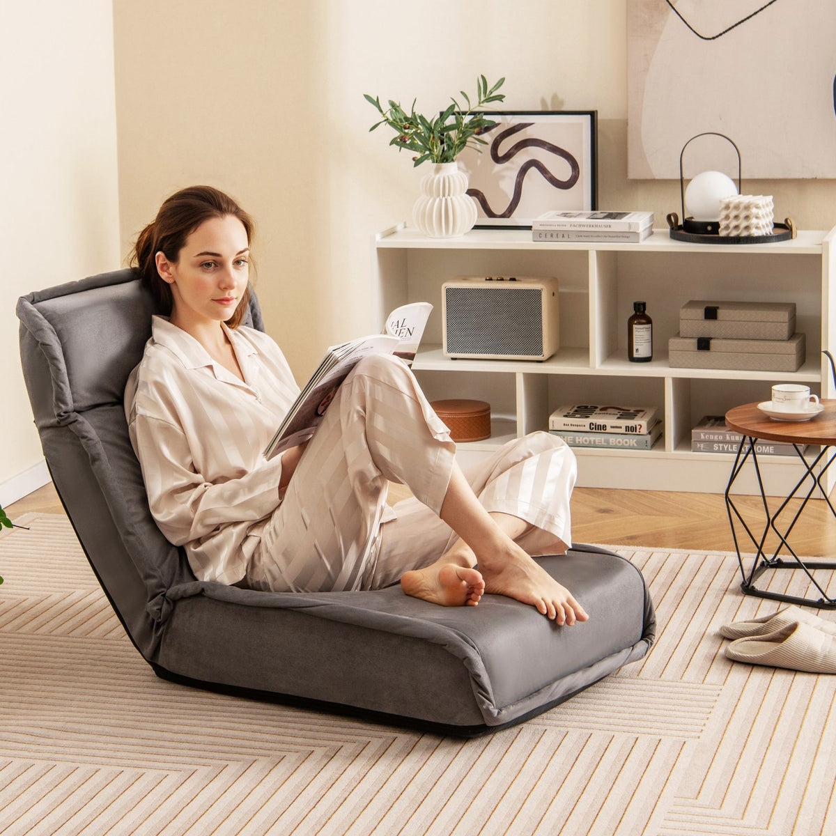 Folding Floor Chair Convertible Lazy Chair with 14-Poistion Adjustable Backrest-Gray view 2