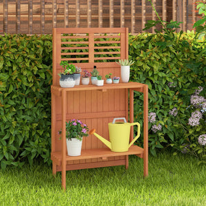 Folding Garden Potting Bench with 2-tier Storage Shelves and Teak Oil Finish for Garden Yard Balcony view 2