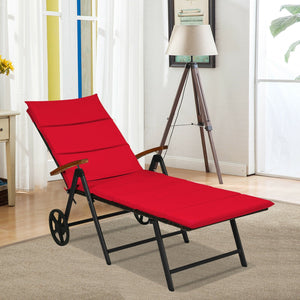 Folding Patio Rattan Lounge Chair with Wheels-Red view 2