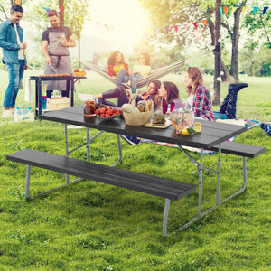 Folding Picnic Table Set with Metal Frame and All-Weather HDPE Tabletop, Umbrella Hole-Black view 2