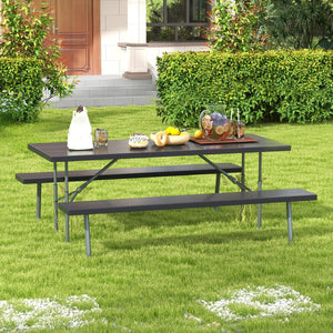 Folding Picnic Table Set with Metal Frame and All-Weather HDPE Tabletop, Umbrella Hole-Black view 3