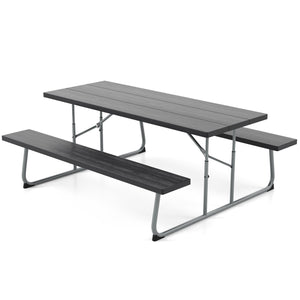 Folding Picnic Table Set with Metal Frame and All-Weather HDPE Tabletop, Umbrella Hole-Black view 4