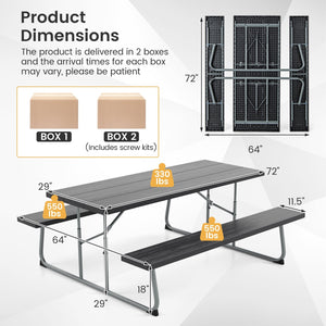 Folding Picnic Table Set with Metal Frame and All-Weather HDPE Tabletop, Umbrella Hole-Black view 5
