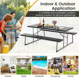Folding Picnic Table Set with Metal Frame and All-Weather HDPE Tabletop, Umbrella Hole-Black view 7