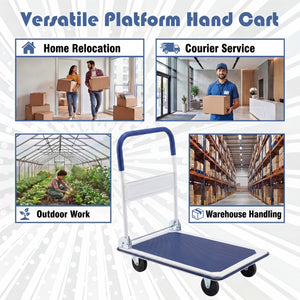 Folding Platform Hand Truck with 4 Wheels & Collapsible Bed for Moving Warehouse-Blue view 9