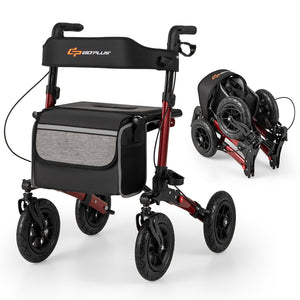 Folding Rollator Walker for Seniors with Seat for All Terrain-Red view 3