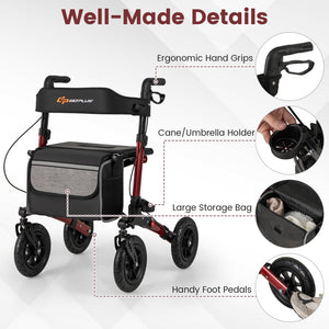 Folding Rollator Walker for Seniors with Seat for All Terrain-Red view 7
