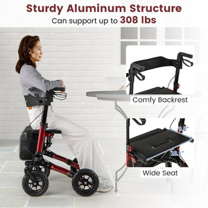 Folding Rollator Walker for Seniors with Seat for All Terrain-Red view 9
