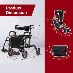 Folding Rollator Walker with 8-inch Wheels and Seat-Black view 3