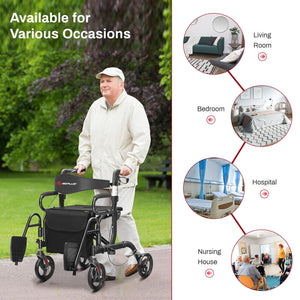 Folding Rollator Walker with 8-inch Wheels and Seat-Black view 4