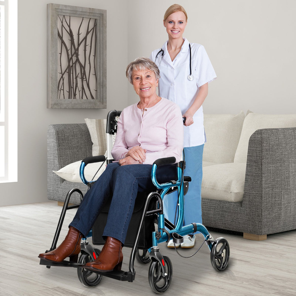 Folding Rollator Walker with 8-inch Wheels and Seat-Navy view 2