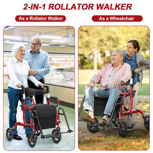Folding Rollator Walker with 8-inch Wheels and Seat-Red view 3