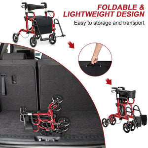 Folding Rollator Walker with 8-inch Wheels and Seat-Red view 5