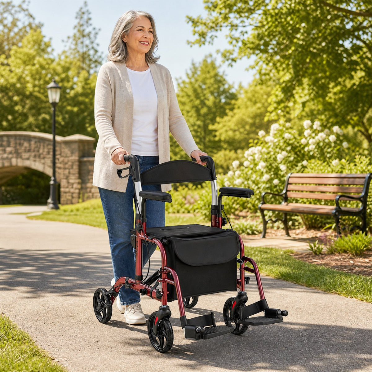 Folding Rollator Walker with Seat and Wheels Supports up to 300 lbs-Red view 2