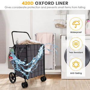 Folding Rolling Shopping Cart with Waterproof Liner and Basket-Black view 8